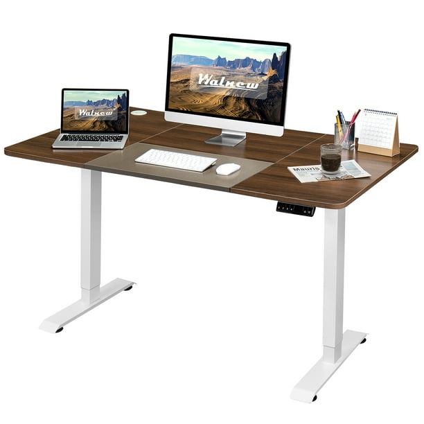 Rustic Brown and Black Top POXURIO Electric Height Adjustable Standing Desk Height Memorable Sit Stand Up Lift Computer Desk with Drawer and Hook 55 x 24 Inch Workstation Table with Splice Board 
